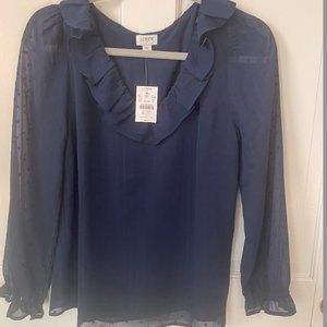 JCrew Ruffle Neck Top NWT - Navy Blue - SZ- XS